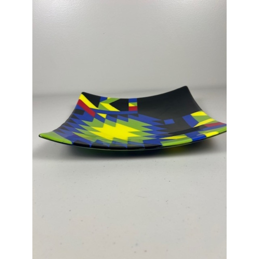 Handcrafted Fused Glass Square Console Abstract Geometric Black Blue Yellow 12in